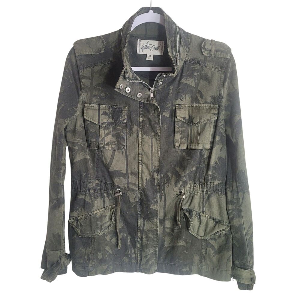 White Crown Utility Jacket Women's Size Medium Olive Green Tree Foliage Print